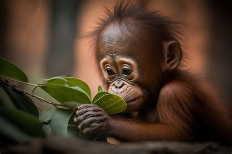 Un Beb Orangut N Comiendo Una Hoja Foto Premium