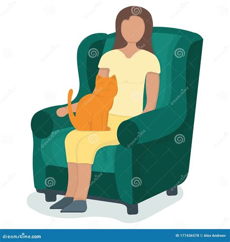 Woman Sitting On Armchair With Cat In Arms Female Character Rest Relax Isolated On White