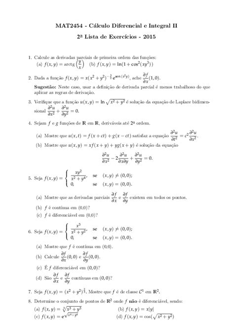 Pdf Mat2454 Cálculo Diferencial E Integral Ii 2 A Lista De