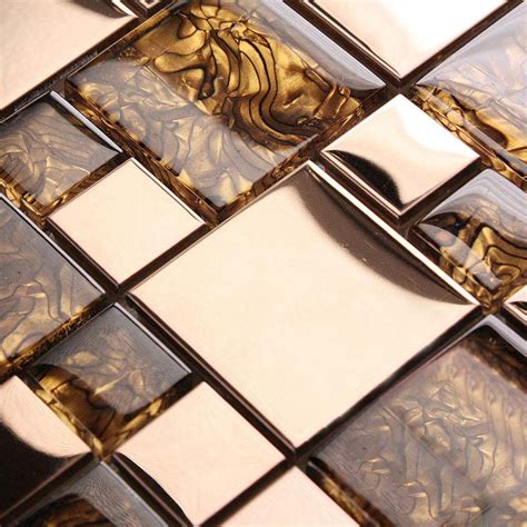 Gold Stainless Steel Wall Tile With Porcelain Base Metal Glass Mosaics