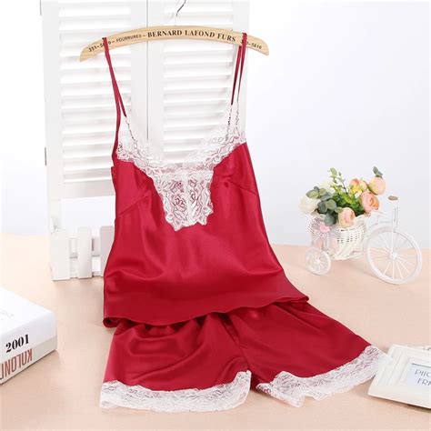 Women Sexy Silk Satin Pyjama Set Sleeveless Pijama Set Lace Pajama Set V Neck Sleep Wear Summer