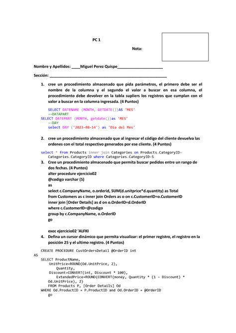 Practica Calificada Seguir Estos Pasos Pc Nota Nombre Y