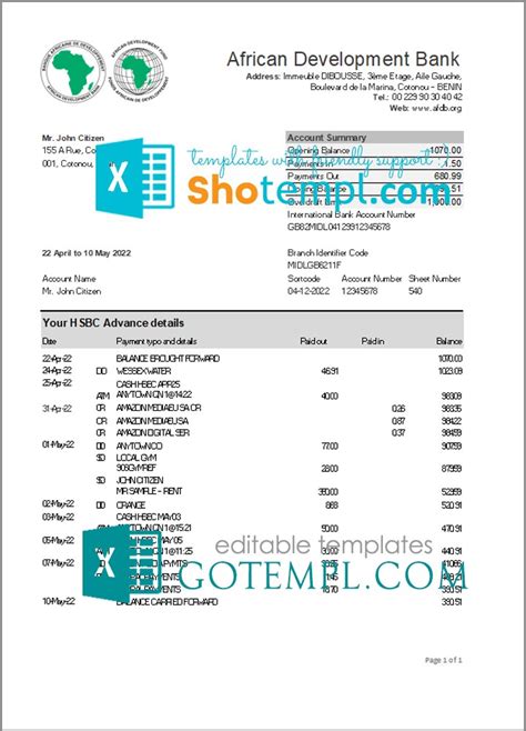 Benin African Development Bank Statement Fake Template In Excel And Pdf