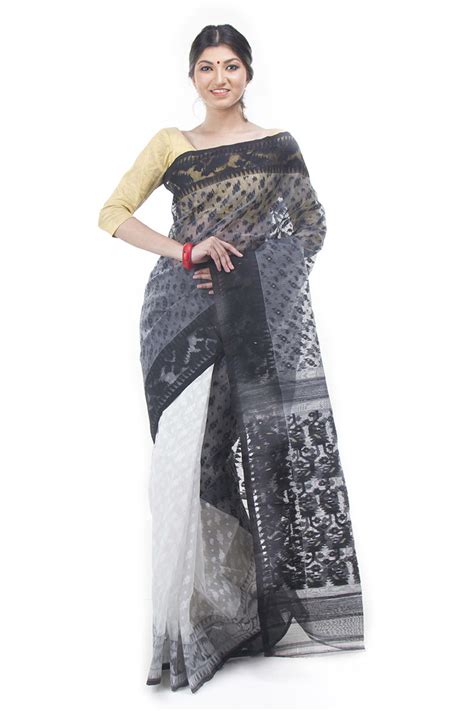 Exclusive Black White Half Half Dhakai Jamdani Saree From Bangladesh