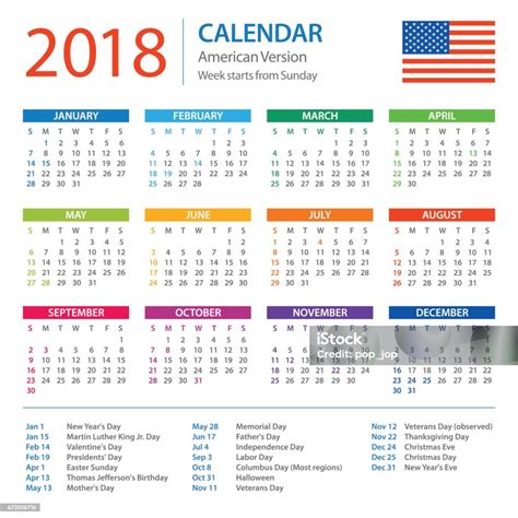 Calendar 2018 American Version With Holidays Stock Illustration