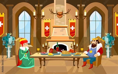 Cartoon Castle Hall With King And Queen Royal Dinner In Front Of