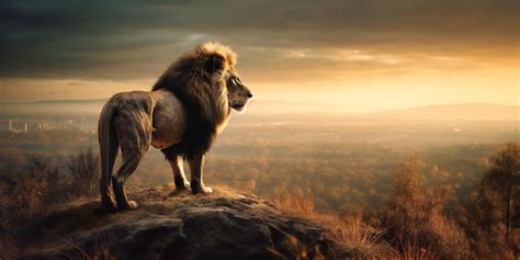 Premium Photo A King Lion Standing On Top Of A Hill Looking Over The