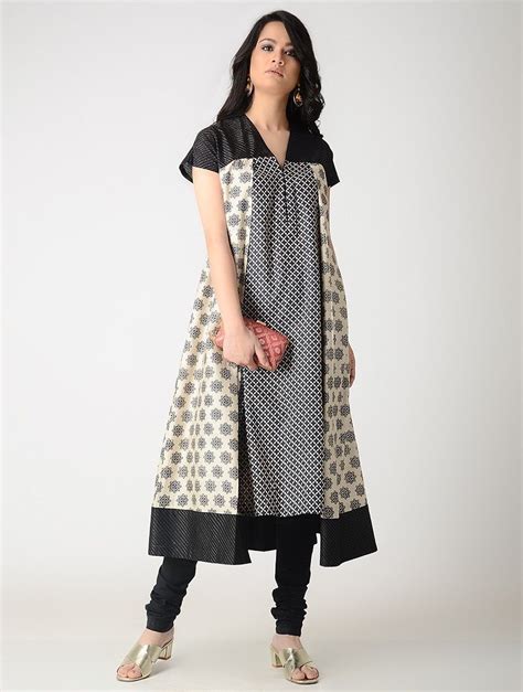 Buy Beige Black Printed Tussar Silk Kurta With Pleats And Zari Top