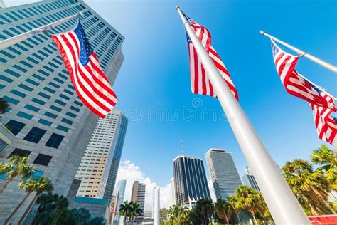 Banderas Y Rascacielos De Los E E U U En El Parque De Bayfront En