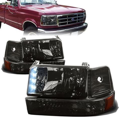 D Motoring 92 96 Ford F 150 F250 F350 Bronco Headlights Led Drl Smoked Housing Amber