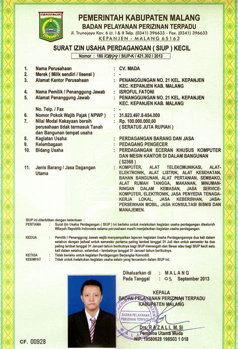 Contoh Surat Izin Usaha Perdagangan SIUP CND