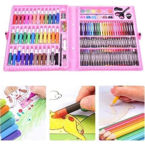 KIT 150 peças Estojo Maleta Pintura Infantil Canetinhas Giz Lápis Cores