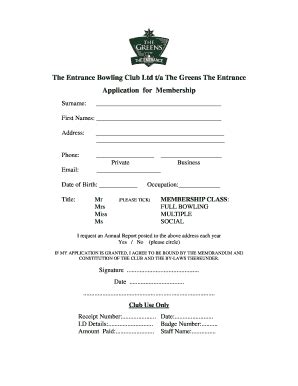 Fillable Online Membership Application Forms The Greens The Entrance