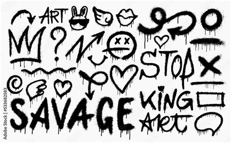 Set of graffiti spray pattern. Vector symbols, heart, art, crown ...