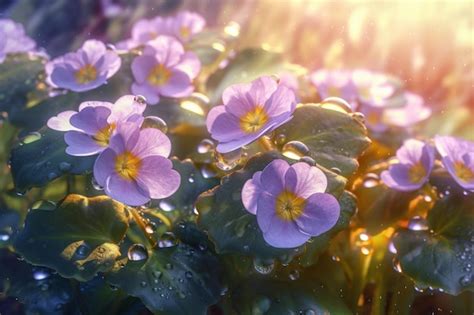 Uma Foto De Uma Planta Flores Roxas E O Sol Brilhando Sobre Ela