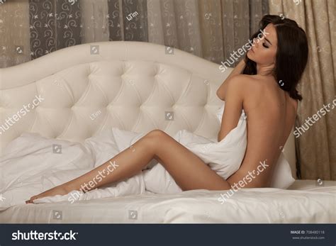 Pretty Brunette Woman Lying Nude Bed Stock Photo Shutterstock