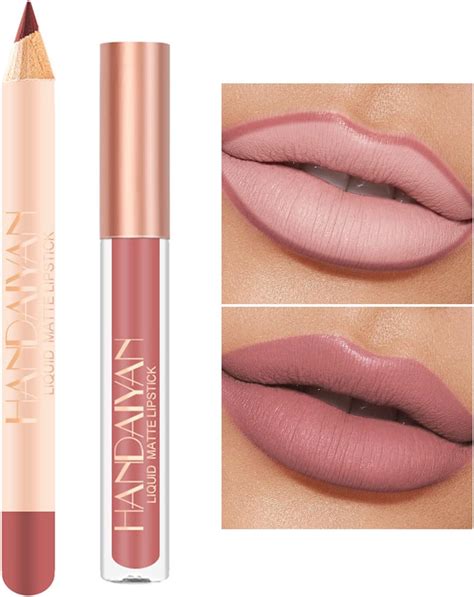 2pcs Matte Nude Lip Liner And Lipstick Makeup Set Liquid Lipstick 24H Non Stick Cup Not Fade