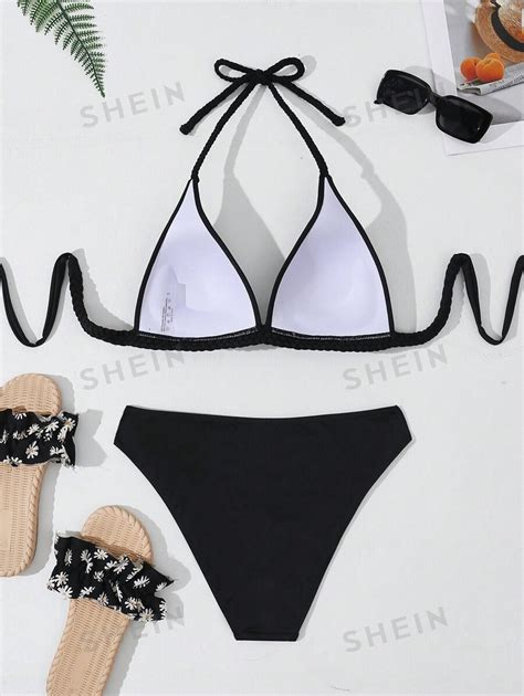 Shein Swim Conjunto De Bikini De Unicolor Con Cuello Halter Con Lazo En