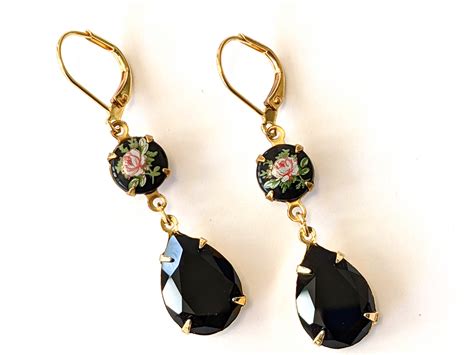 Black Crystal Drop Earrings Crystal Rhinestone Earrings Etsy