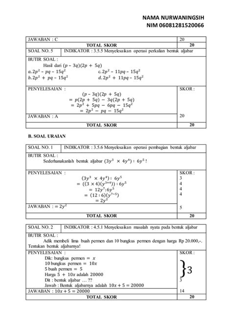 Instrumen Tes Ulangan Harian Mengenal Bentuk Aljabar Kisi Dan Kartu