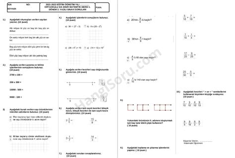 5 Sınıf Matematik 1 Dönem 2 Yazılı Soruları Açık Uçlu 2024 2025