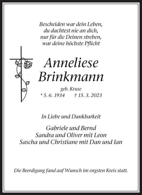 Traueranzeigen Von Anneliese Brinkmann Sich Erinnern De