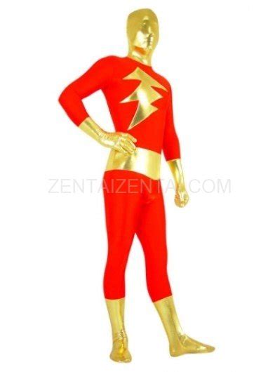 Red With Gold Shiny Metallic Lycra Spandex Super Hero Morph Zentai Suit