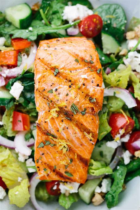 Salmon Greek Salad with Lemon Basil Dressing - Jessica Gavin