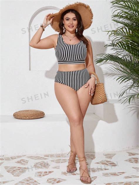 Plus Size Striped Bikini Swimsuit Set Shein Usa