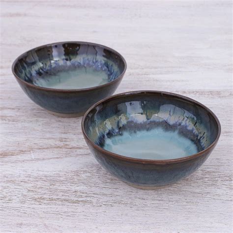 Hand Crafted Blue Ceramic Cereal Bowls Pair Blue Crush Novica