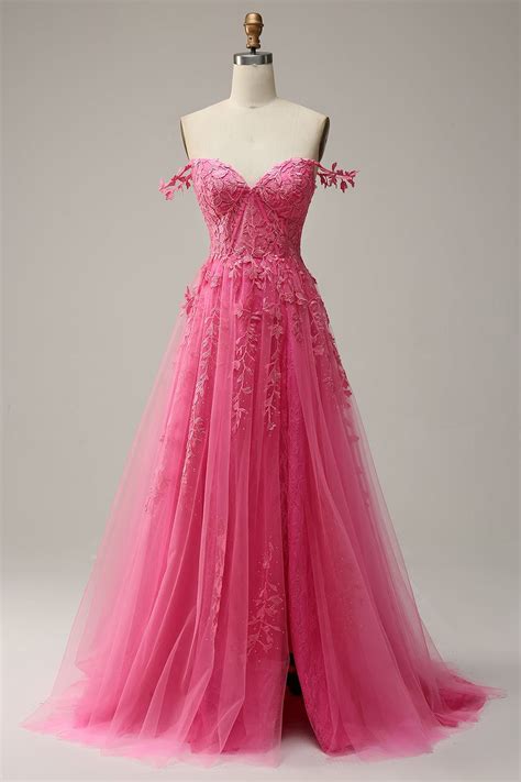 shoulder hot pink long prom dress  appliques hot