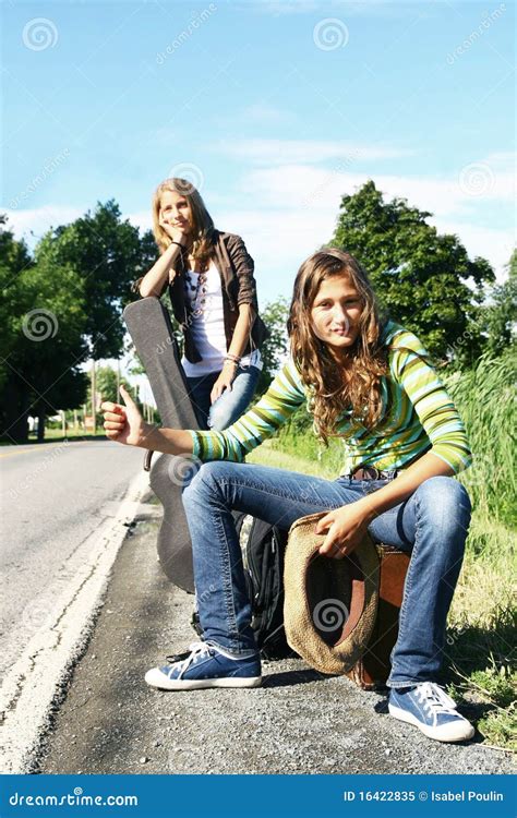 Teenager Hitchhiking Stock Image Image Of Brunette Road