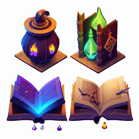 Открытые и закрытые магические книги заклинаний с фэнтезийными ...