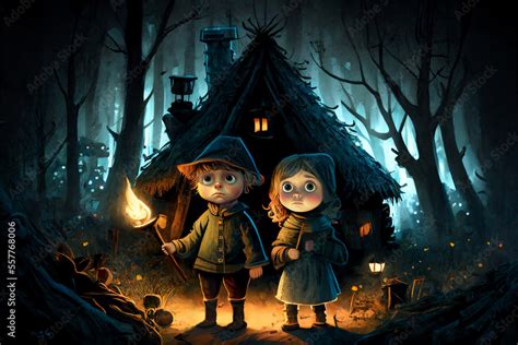 Hansel and Gretel - little girl and boy in a dark forest. Сharacters of a German folk fairy tale ...