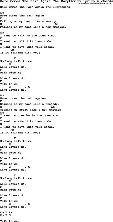 Love Song Lyrics For Here Comes The Rain Again The Eurythmics With Chords