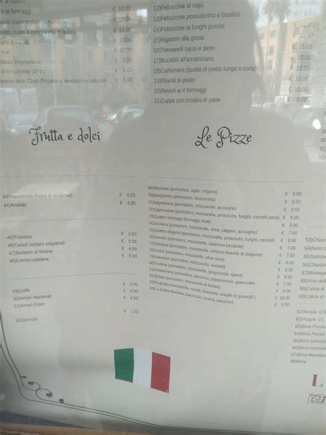 Menu At La Grotta Romana Restaurant Rome Via Palestro