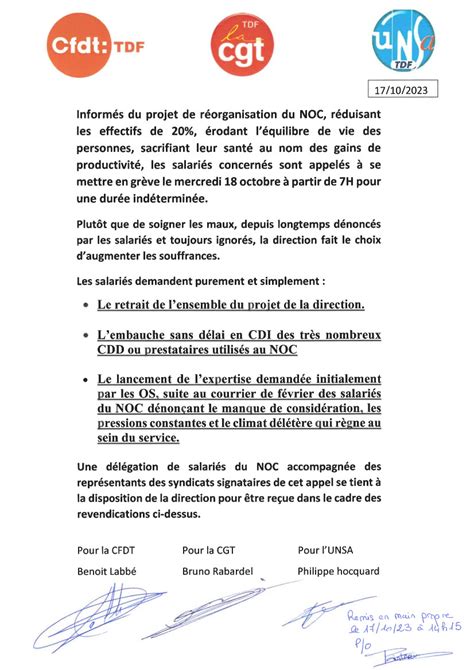 Lire l appel intersyndical à la grève des salariés du NOC Cgt tdf fr