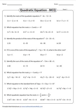 Sum And Product Of Roots Of A Quadratic Equation Worksheets