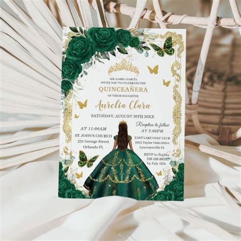 Quinceañera Emerald Green Floral Gold Princess Invitation In 2024