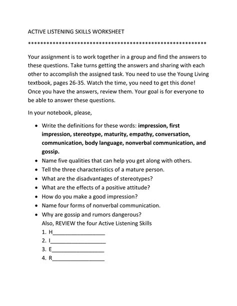 Active Listening Skills Worksheets Listening Comprehension