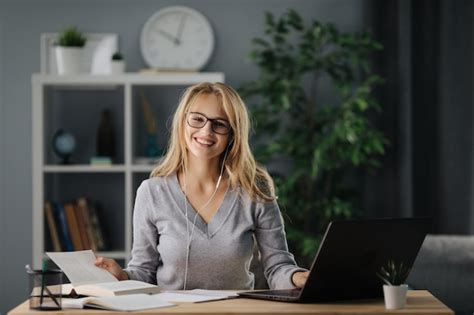 Premium Photo Happy Blonde Studying At Home