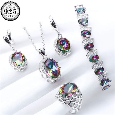 Rainbow Zirconia 925 Sterling Silver Jewelry Sets For Women Stones Jewelry Bracelet Necklace