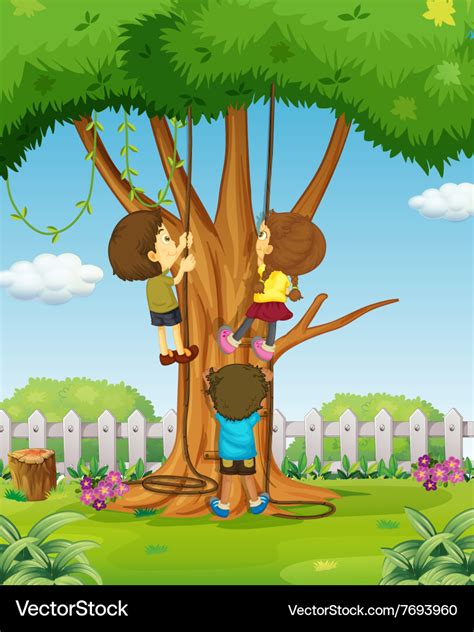 Boys and girl climbing up the tree Royalty Free Vector Image