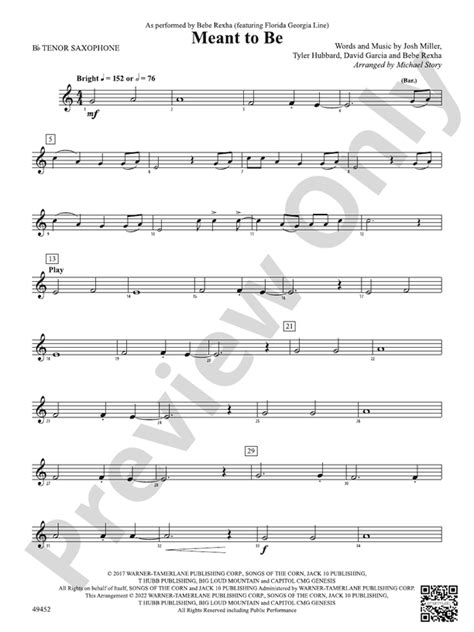 Meant To Be B Flat Tenor Saxophone B Flat Tenor Saxophone Part Digital Sheet Music Download