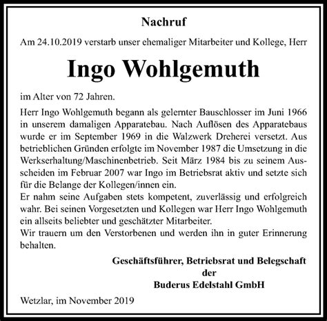 Traueranzeigen Von Ingo Wohlgemuth Vrm Trauer De