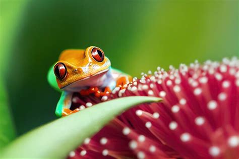 La Peque A Rana Arb Rea De Ojos Rojos Se Sienta En Una Flor Roja