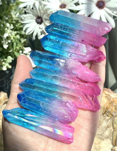 Rainbow Gorgeous Aqua Aura Quartz Points Aura Quartz Crystal Etsy