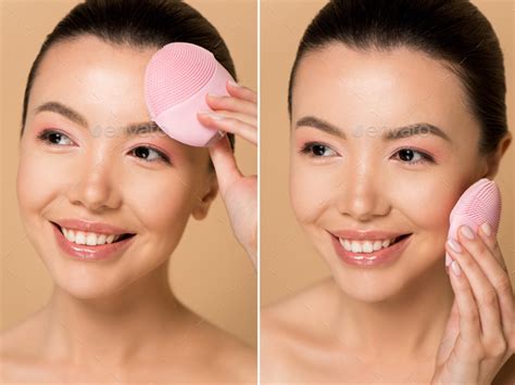 Collage With Attractive Smiling Nude Asian Girl Using Silicone Cleansing Facial Brush Isolated
