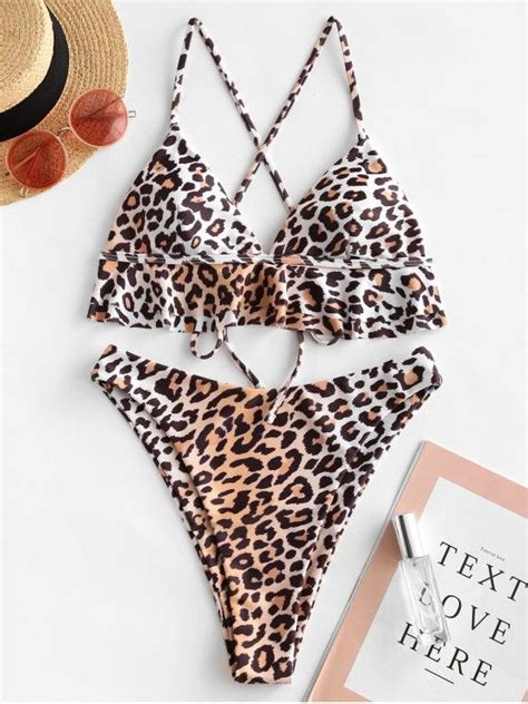 36 OFF 2021 ZAFUL Leopard Flounce High Cut Criss Cross Bikini