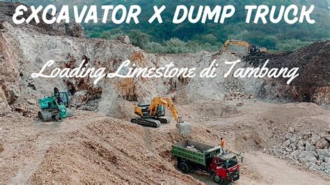 Excavator Kobelco Sk And Sumitomo Sh Digging On Limestone Minning